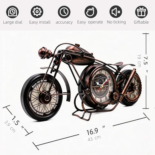 YOUKI Metal Motorcycle Wall Decor,Desk Shelf Clocks,Man Cave Decor,Steampunk Decor,Gift for Men,Large Wall Clock for Bedroom,Office,Garage,Non Ticking,Battery Operated,16.6 x 1.5X 7.9 Inches,Bronze