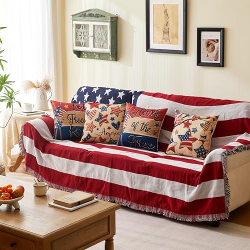 Patriotic Pillow Covers 18x18 Inch,4th of July Red White Blue Summer Outdoor Throw Pillow Covers Set of 4,Independence Memorial Day USA Flag Retro Fourth of July Cushion Case for Sofa Couch Decor