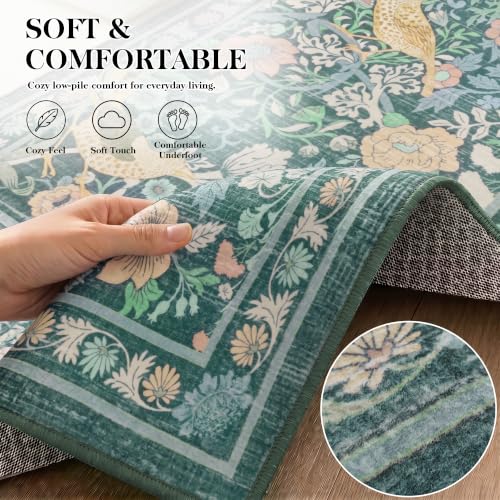 Vintage Floral Area Rug 5x7, Botanical Bird Washable Living Room Rug, Non Slip Stain Resistant Low Pile Soft Carpet for Bedroom Dining Room Under Table Home Office, Dark Green