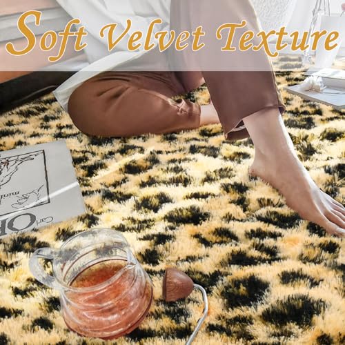 HOMORE Premium Leopard Fluffy Rugs, Leopard Print Rug for Living Room Bedroom,Soft Cheetah Print Rug for Kids Children Room, Faux Animal Printed Carpet for Western Decor,3x5 Feet Black and Khaki