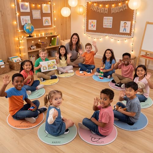 WILLBOND 12 Pcs Kids Carpet Circle Seats for Class, 16 Inch Circle Time Classroom Rug Feelings Chart Emotion Floor Cushions Back to School Educational Mat for First Day of School Seating Learning