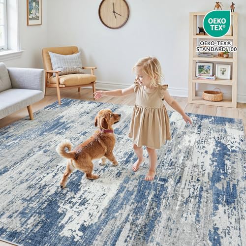 8x10 Area Rugs for Living Room Large Washable Abstract Rug Grey/Blue
