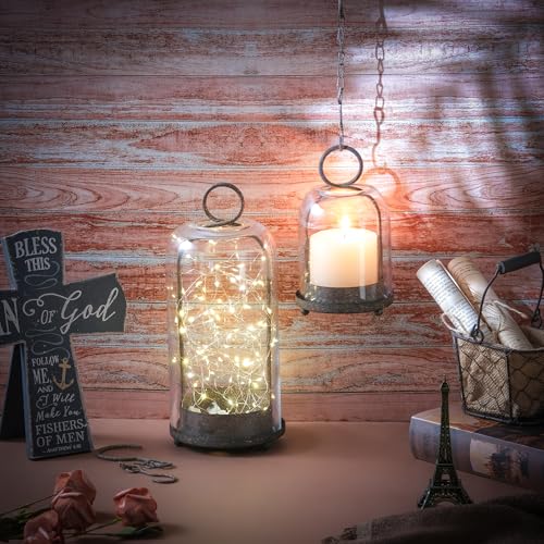5" & 4" Wide Versatile Metal Candle Holder in Rustic Brown with Handmade Thick, Heavy & Sturdy Glass Dome for Pillar Candle, Industrial, Modern, Shelf, Mantel, Veranda, Porch