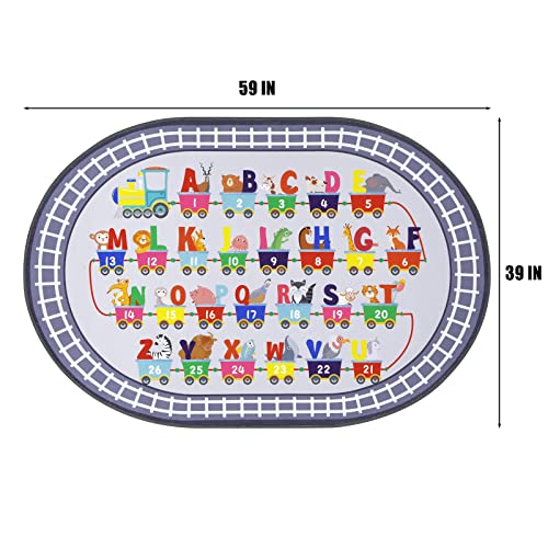 Small Playroom Rug, Kids Playmat ABC Alphabet, Numbers, Train and Road Themed Play Mat Educational Floor Carpet for Classroom Kids Bedroom Decor,Grey, 3'3" x 5'