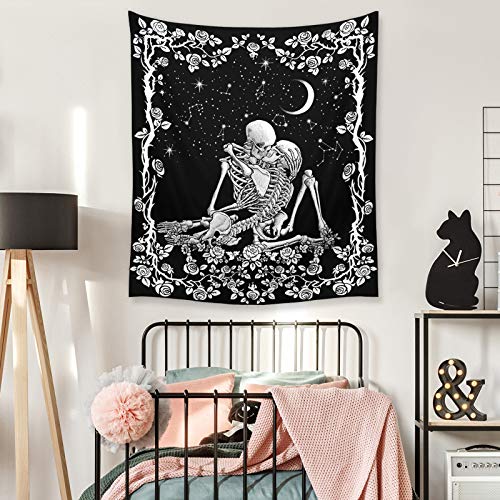 Wonrizon The Lovers Skull Tapestry,Black and White Romantic Constellation Skeleton Tapestries Wall Hanging decor for Living Room Bedroom (51.2”x 59.1”)