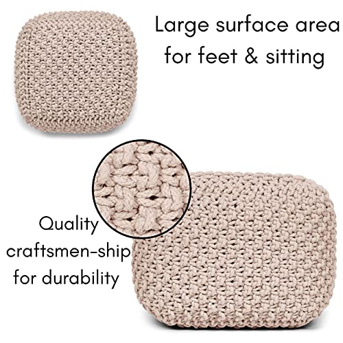 BIRDROCK HOME Square Pouf Ottoman - Cotton Braided Foot Stool with Bean Bag Filling - Compact and Comfortable Seating, Lightweight and Sturdy Boho Foot Rest for Living Room or Bedroom (Natural)