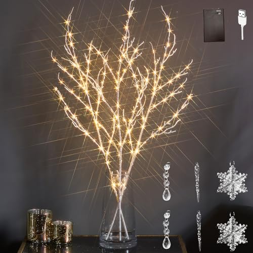 LITBLOOM Lighted Willow Branches Iredescent Glittered 32IN 120 LED with Timer Battery Operated and USB Plug in, Tree Branch with Fairy Lights for Home Room Christmas Decoration