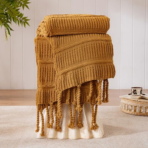 Boho Knitted Chenille Blanket with Tassels - Lightweight & Soft All-Season Throw - 3D Classic Pattern for Living Room Bedroom Couch, Amber Brown, Throw 50"x60"