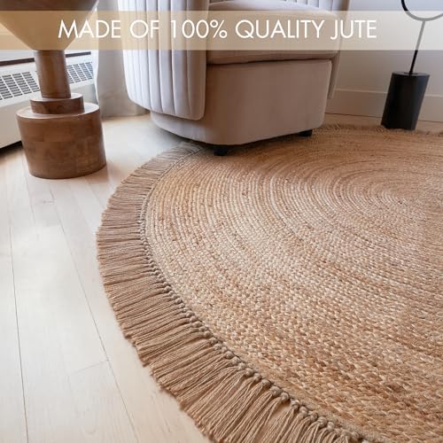KIBAGA Beautiful 5x5 ft Round Jute Area Rug for Your Home - This Natural Hand Woven Rug Fits Perfectly Into Your Entry Area, Kitchen Or Living Room - Modern Braided Circle Mat Enhances Any Boho Decor