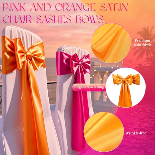 12 Pcs Pink and Orange Satin Chair Sashes Bows, 6 Orange & 6 Hot Pink Chair Ties for Sunset Wedding Reception Party Banquet Decorations, Universal Cover Sashes