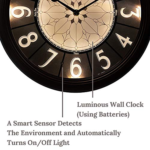 Presentime & Co. 12.6" Illuminated Farmhouse Wall Clock, Silent Battery Operated Night Light Wall Clock with Smart LED Sensor for Living Room, Bathroom, Kitchen, Home Office, Oil Rubbed Bronze Finish