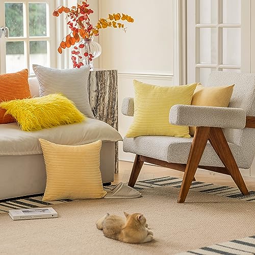 Home Brilliant Yellow Pillow Covers Summer Decorative Set of 2 Striped Corduroy Plush Velvet Throw Pillow Covers for Couch Decor, 18x18 inch, Light Yellow