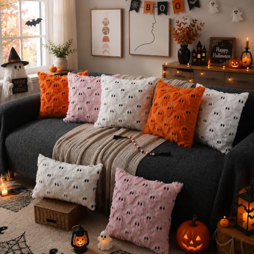 DFXSZ Halloween Pillow Covers 18x18 inch Set of 2 White Ghost Throw Pillow Cases Soft Plush Faux Fur Wool Couch Cushion Case for Chair Sofa Bedroom Living Room Home Decor PTK03A18