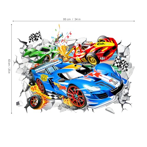 wondever Large 3D Racing Car Wall Stickers Vehicles Break Through Peel and Stick Wall Art Decals for Boys Room Kids Bedroom Playroom