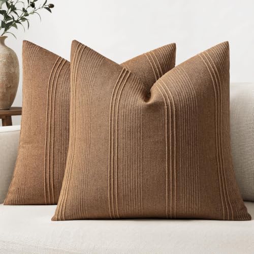 MIULEE Fall Decorative Striped Throw Pillow Covers 16x16 Sugar Brown 2 Pack