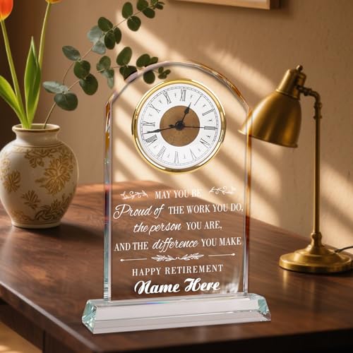 Personalized Crystal Quartz Clock, Retirement Gift for Women, Men, Retirement Clock Quartz Desk Clock, Premium Crystal Clear Glass Plaque, Retired for Teacher, Boss, Leader, Doctor