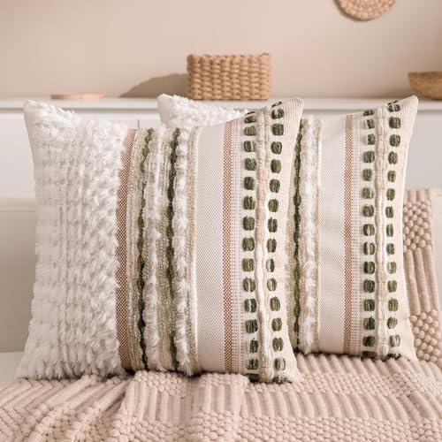 Boho Chenille Tufted Couch Throw Pillow Covers 18x18 Inch Set of 2 Farmhouse Striped Decorative Pillow Covers Accent Neutral Square Pillowcase Green Cushion Covers for Livingroom Sofa Bed