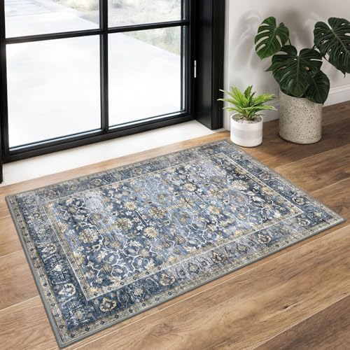 KUTA Vintage 2x3 Rugs for Entryway, Non-Slip Washable Area Rug & Indoor Door Mat with Floral Print, Blue Grey Beige Ultra Thin Soft Low-Pile Throw Rug for Kitchen Front Door, Bedside, Small Spaces