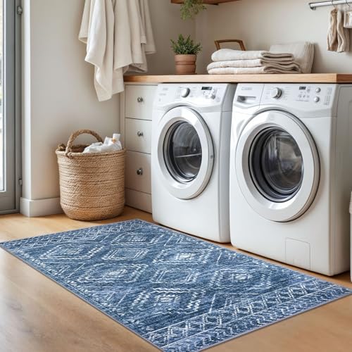 Small Area Rug 3'x5' Entryway Rug Washable Rugs, Stonewashed Blue