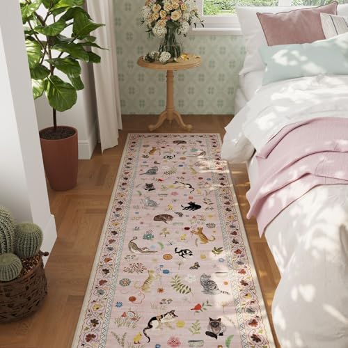 Rugcomf Runner Rug 2x10 Washable Non Slip Floral Animal Cat, Pink