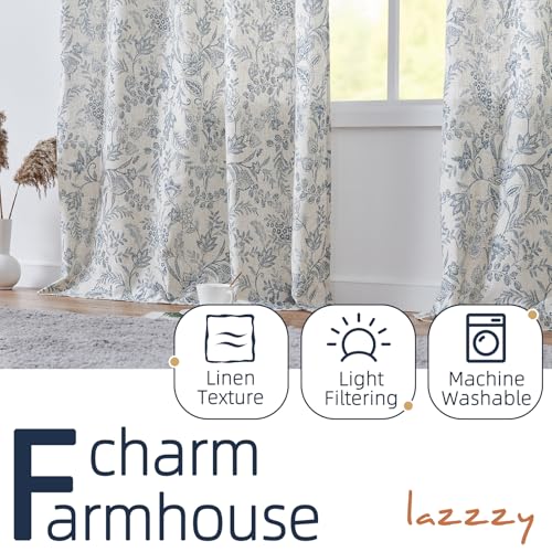 Lazzzy Linen Curtains Farmhouse Blue Floral Print 84 Inches Long Back Tab Drapes for Living Room Bedroom Semi Sheer Patterned Country Vintage 2 Panels Set Rod Pocket Blue on Beige