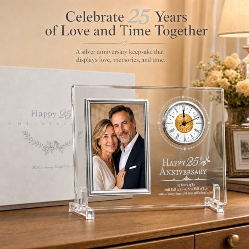 25th Wedding Anniversary Quartz Clock | silver Anniversary Decorative Gift for Parents Couples Him or Her (Battery Not Included)