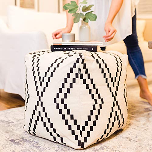 Unstuffed Boho Pouf Ottoman Cover – Modern Bohemian Living Room Decor, Kids, Nursery, Dorm Room – Minimalist Storage Solution, Foot Rest – Hand-Tufted Square Neutral Removable