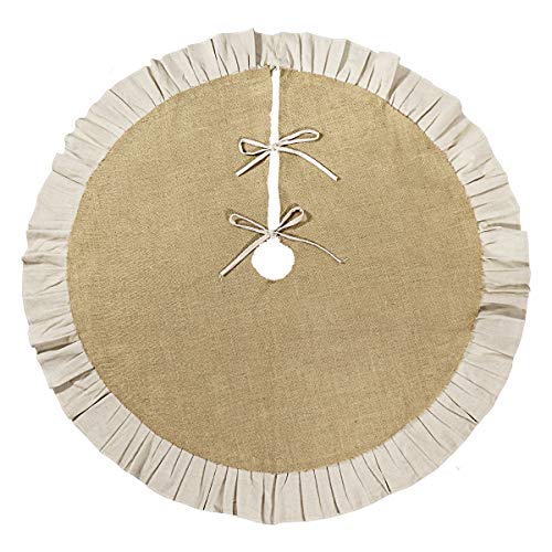 Christmas Tree Skirt, 48 inches Natural Burlap Jute with Ruffle Edge, Rustic Xmas Holiday Decoration