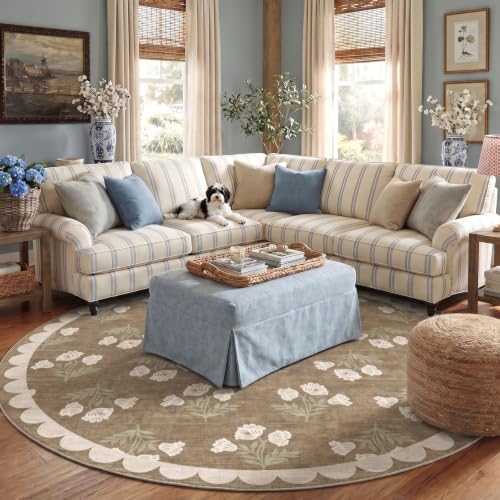 Tan 8ft Round Rug for Living Room - Washable Scalloped Circle Rug