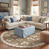 Tan 8ft Round Rug for Living Room - Washable Scalloped Circle Rug