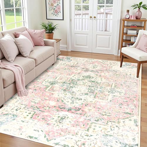 5x7 Washable Area Rugs Green and Pink Rug for Bedroom Girls Soft Boho Vintage Floor Carpet Non-Slip Oriental Rug for Bedside Nursery Living Room Dinning Room