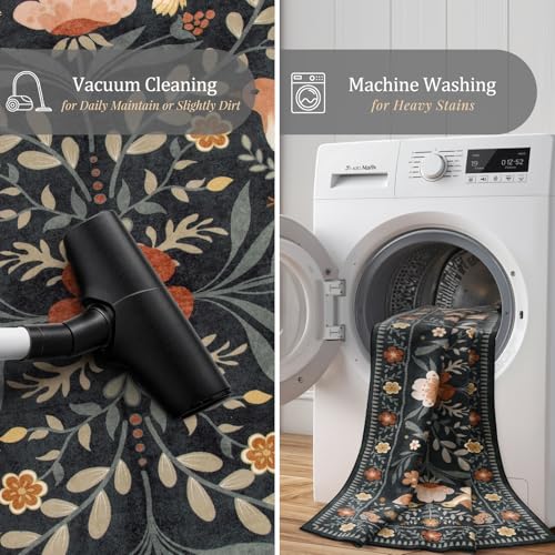 Washable 8x10 Area Rugs for Living Room Non Slip, Boho Botanical Soft Birds Bug Moody Rugs for Bedroom, Ultra-Thin Floral Flower Throw Carpet for Classroom Home Office Dorm Room, Black/Multi