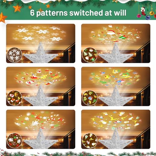 Mrrihand Christmas Tree Topper Lighted with 6 Projection Modes, Christmas Star Tree Topper Built-in LED Rotating Lights, Silver 3D Glitter Dynamic Projection for Christmas Tree Decorations