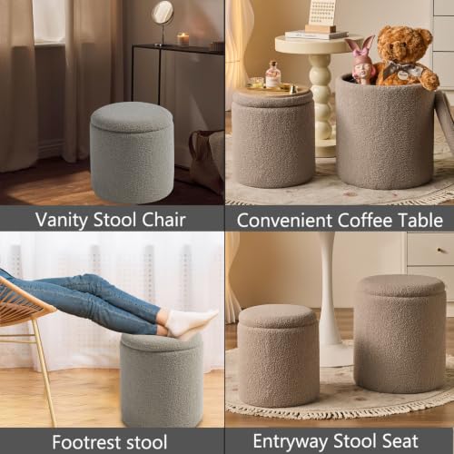 Round Ottoman with Storage Set of 2 Gray Sherpa Vanity Stool