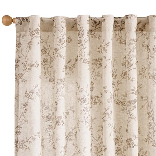 Lazzzy Taupe Floral Linen Curtains 84 Inch Farmhouse Curtain Back Tab Drapes for Living Room Bedroom Light Filtering Vintage Rod Pocket Curtains for Home, 2 Panels, Taupe on Beige