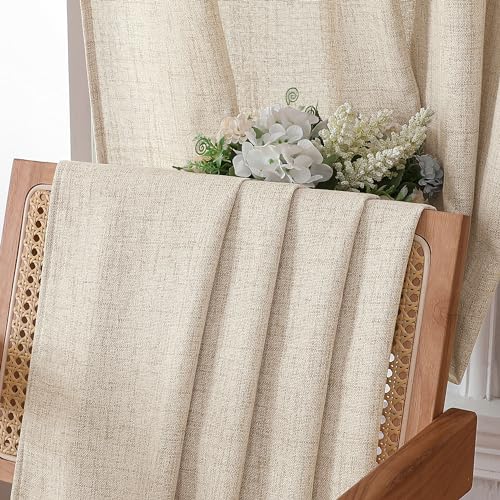 Tollpiz Short Linen Curtains Bedroom Rod Pocket Semi Sheer Curtain Burlap Light Filtering Thick Linen Drapes for Living Room, 38 x 45 inches Long, Natural, Set of 2 Panels