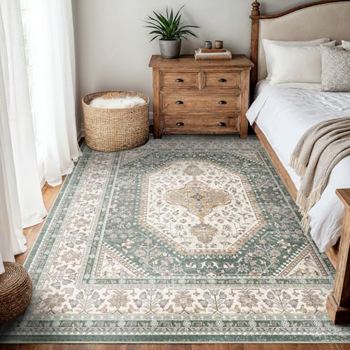 5x5 Square Washable Area Rug - Non-Slip Living Room Rugs Green Beige