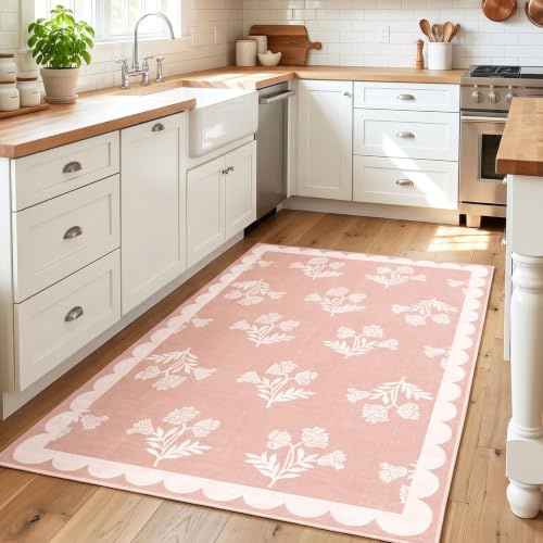 Pink Floral Rug for Girls Bedroom - 3x5 Washable Boho Bathroom Rug