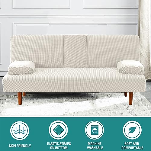 4 Pieces Stretch Futon Covers Sofa Bed Slipcover with Removable Armrests and Cupholders Covers Furniture Protector High Spandex Small Checks Jacquard Fabric (New Ivory)