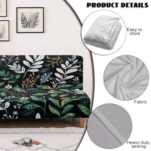 Green Leaf Pattern Armless Sofa Cover, Anti-Slip Non-Armrest Couch Cover Comfortable Futon Sofa Slipcover for 3 Cushion Couch