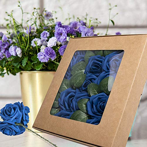 Higfra Artificial Flowers 25pcs Real Looking Royal Blue Foam Fake Roses with Stems for DIY Wedding Bouquets White Bridal Shower Centerpieces Arrangements Mothers Day Party Tables Decorations