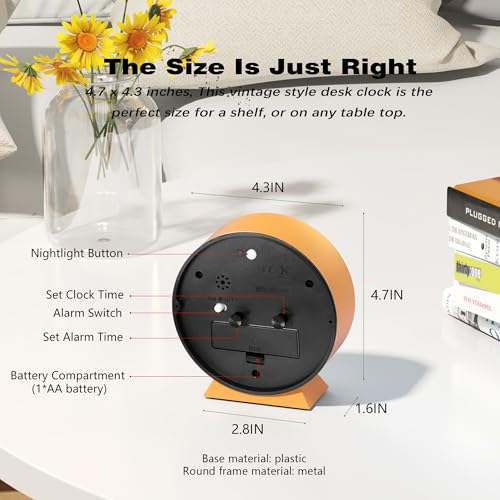 AYRELY® 4.5" Analog Alarm Clock,Small Retro Desk Clock Battery Operated,Slient Metal Table Clock with Light for Living Room Decor,Bedroom,Bedside,Shelf (Orange-Yellow)