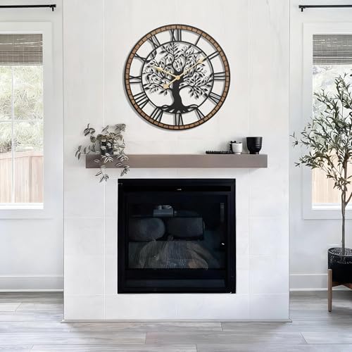 Micasso Battery Operated Wall Clock: 30 Inch Farmhouse Tree of Life Metal with Wood Frame - Rustic Bold Roman Numerals Wall Clocks for Home Office/Living Room/Bedroom - Home Decor for Housewife