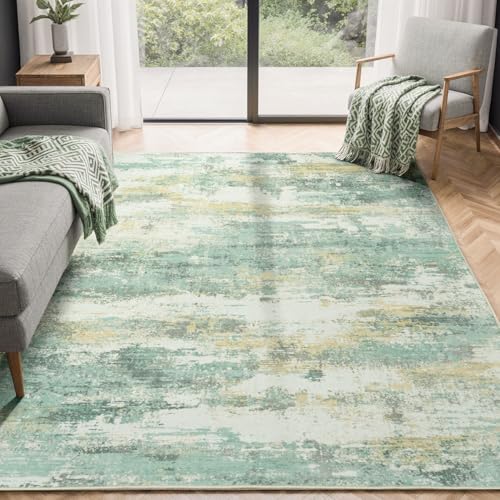 5x7 Area Rug for Living Room, Washable Green Beige Rug