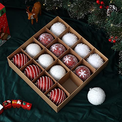 Christmas Tree Ball Ornament Set 16pcs 80mm/3.15inch Red White Glittering Shatterproof Foam Christmas Ball Ornaments Xmas Tree Decor Holiday Decoration