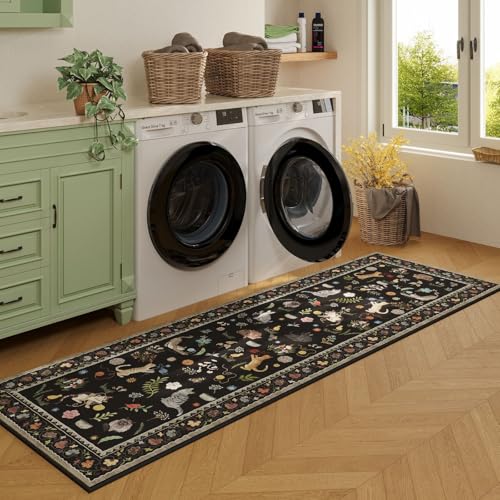 Rugcomf Runner Rug 2'7"x8' Washable Non Slip Floral Animal Cat, Black