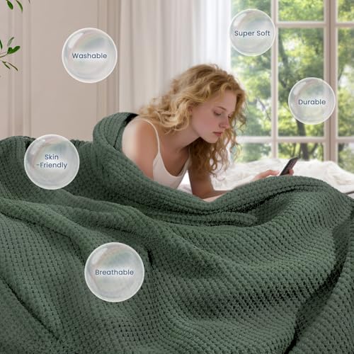 Waffle Knit Throw Blanket, Luxury Cozy Chunky Knit Throw Blanket for Couch, 50 x 60 Inch Thick Ultra-Soft Feather Yarn Knitted Blanket for Sofa, Bed, Home Decor - Sage