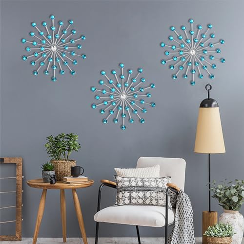 DXYAKY Set of 3 Blue Metal Starburst Wall Art Decor, Rhinestone Crystal Home Decor Accents, 9.8 Inch Decorative Wall Hanging Diamond, Jeweled Sparkle Wall Sculptures for Living Room Bedroom