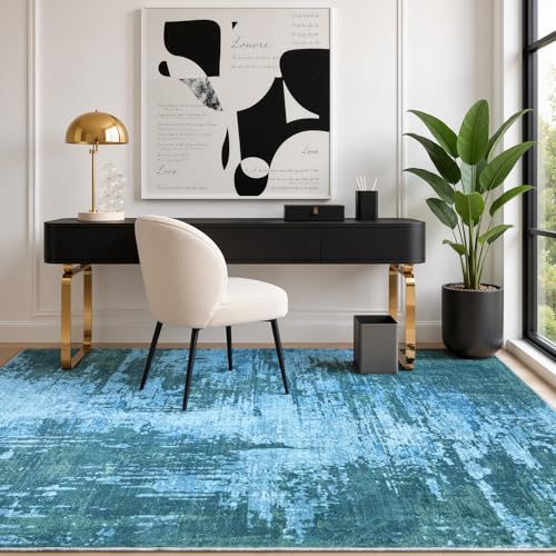4x6 Blue Washable Area Rug Non-Slip Faux Wool Abstract Carpet