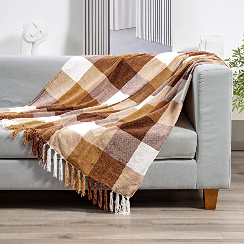 RECYCO Buffalo Plaid Chenille Throw Blanket, 50"x60", Brown Off White